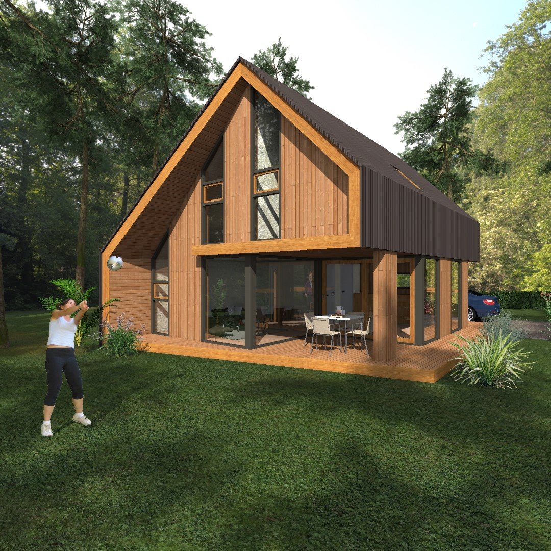Drewniany taras niejako „zwija się”, tworząc prosty i nowoczesny dom