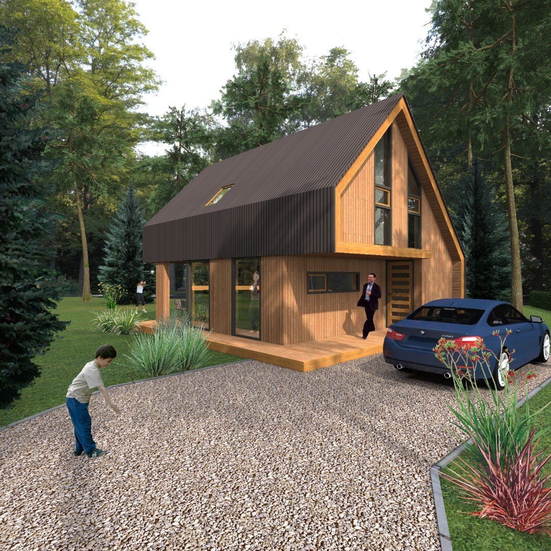 Drewniany taras niejako „zwija się”, tworząc prosty i nowoczesny dom