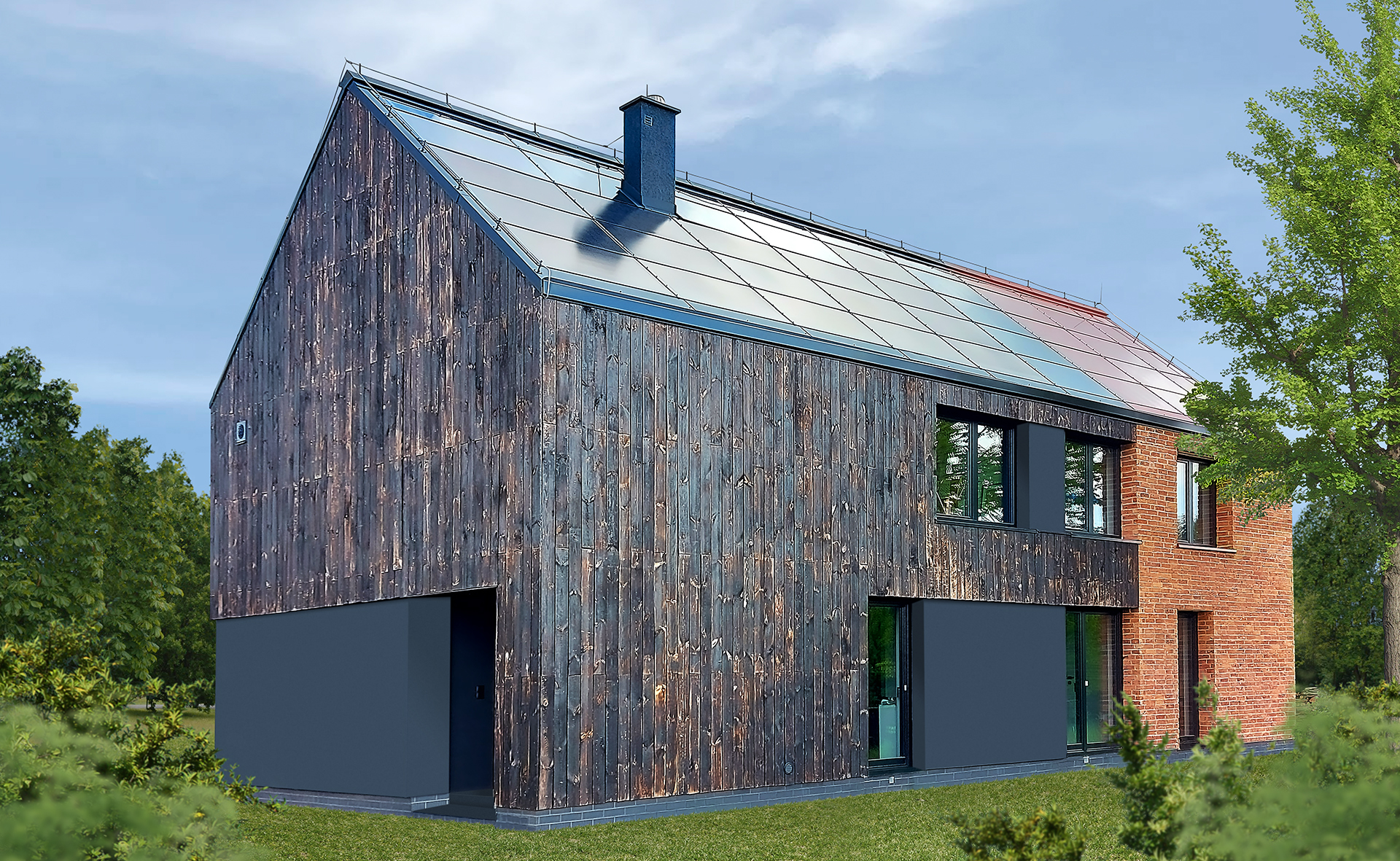 Cegła, deska i dach solarny – skandynawski styl nad Wartą